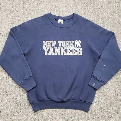 Vtg 90s NEW YORK YANKEES Sweatshirt Mens Medium Blue Crew Neck Fleece Raglan MLB • $39.99