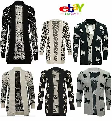 £12.99 • Buy Ladies Woman Owl Skull Horse Print Knitted Long Sleeve Cardigan Jumper Plus Size