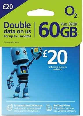 NEW O2 UK Network 20GB £10 Unlimited Calls & Text Bundle PAUG 2FOR 99P • £0.99