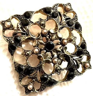 Mourning Brooch Black Faceted Stones Filigree Tiny Pearls Rhinestone Silver Tone • $12.42