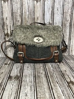 $64.99 • Buy FOSSIL Vintage Maddox Faux Fur Gray Brown Key Crossbody Bag Leather Saddle Bag