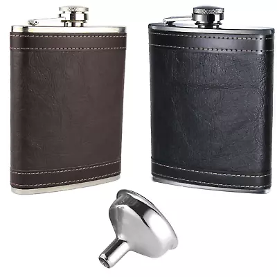 New Hip Flask 8oz Stainless Steel Brown & Black Leather • £6.99