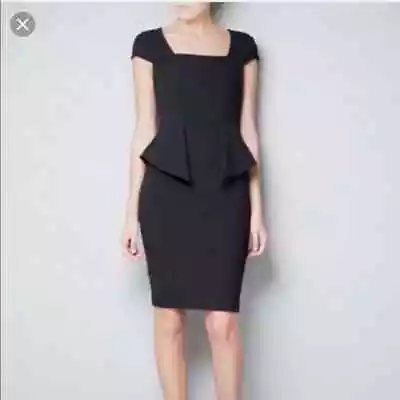 Zara Black Peplum Dress Womens XS Cap Sleeves Square Neck Pencil Skirt • $18