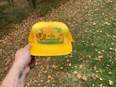 It's Better In The Bahamas Snapback Hat VTG Foam Front Rope Cap Yellow Green Men • $17.77