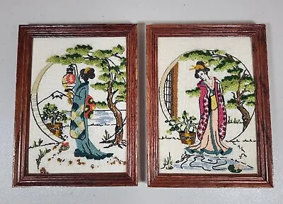 2 Vintage Framed Hand Embroidered Japanese Geisha Pictures 6  X 8  • $26.50