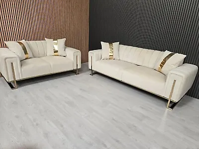 Genova 3+2 Seater Sofa Cream Velvet & Gold Detailing • £1300