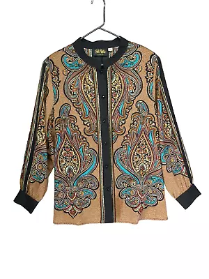 Bob Mackie 2X Blouse Wearable Art Shoulder Pads Button Up Paisley Colorblock • $25.99