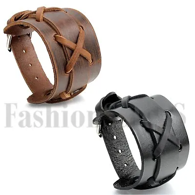 Punk Rock Men's Wide Leather Braided Bracelet Cuff Adjustable Bangle Wristband • $9.99