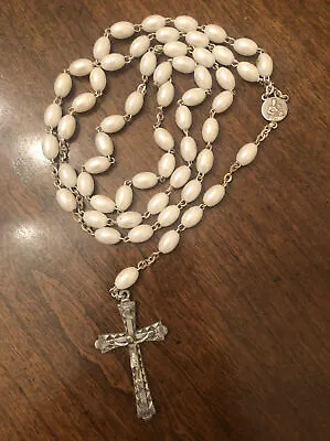 Vintage Rosary St Gerard White Bead 5 Decade 22” Italy Patron Saint Of Mothers • $9.99