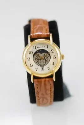 Milan Women Watch Stainless Steel Gold WR Leather Brown Moon White Date Quartz • $53.12