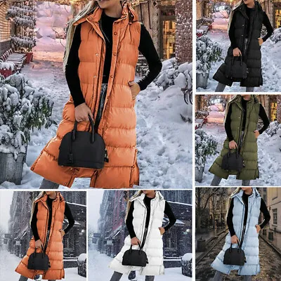 Women Long Line Hooded Gilet Jacket Lady Padded Vest Top Body Warmer Coat UK • £23.99