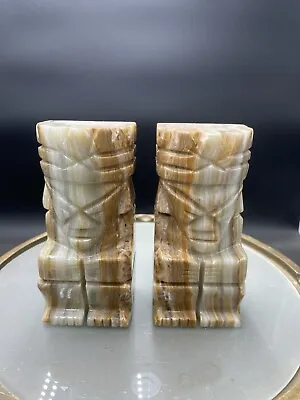 Vintage Carved Stone Onyx Marble Aztec Mayan Tiki Statue 5” Bookends • $21.75