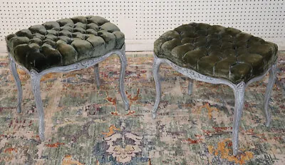 Beautiful Pair Olive Green Velvet & Gray Painted French Louis XV Foot Stools • $853.60