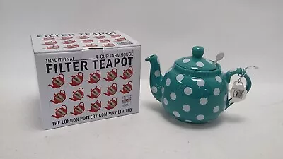 London Pottery Farmhouse 1 Litre Teapot With Mesh Filter Green White Spots Boxed • £9.99