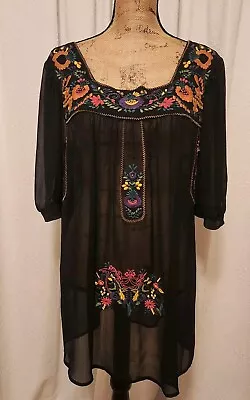 Mushka By Sienna Rose Women's L Black Floral Embroidered Sheer Tunic • $16.99