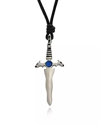 Blue & Black Sword Silver Pewter Charm Necklace Pendant Jewelry • $9.99
