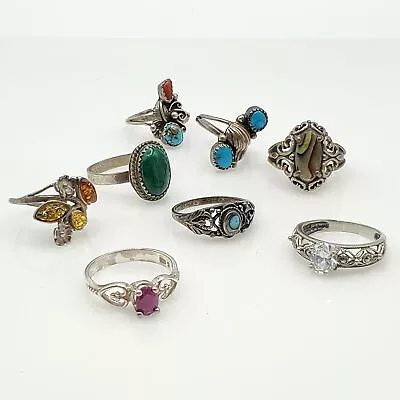 925 Sterling Silver Abalone Malachite Ruby+Gemstone Ring Sz 4-11 Lot 24.54g • $62