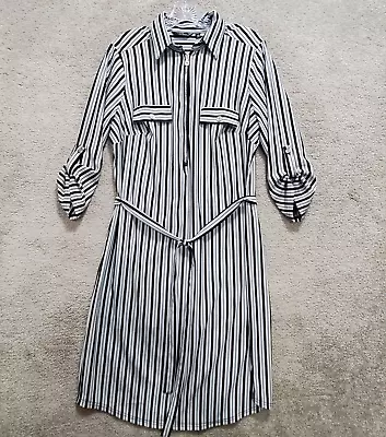 Mlle Gabrielle Shirt Dress Women's 1X White Black Striped Belted Roll Tab Sleeve • $23.73