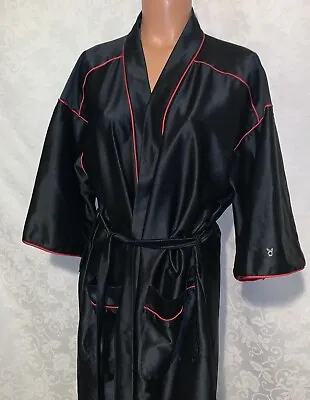 Vintage Playboy Smoking Jacket Robe Kimono Soft Silky Satin Black/Red Logo USA • $24.99