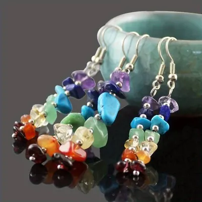 7 Chakra Gemstone Earrings Crystal Dangly Healing Rainbow Jewellery Anxiety Gift • £2.98