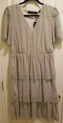 NWT Vera Moda Kamila Dark Silver Layer Shimmer Dress Short Sleeve Size Large • $12