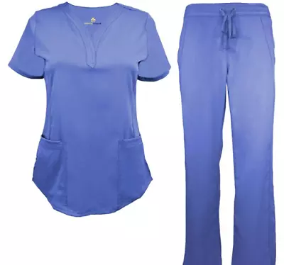 Women Ultrasoft Stretch Drop Neck 4 Pocket Scrub Set Medical Nursing Scrub Set • $32.99