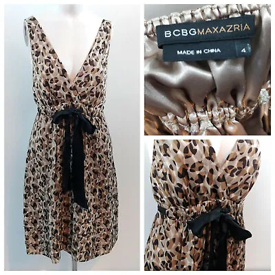 BCBG Max Azria Dress Size 4 Leopard Bow Silk Empire Spaghetti Straps Pleats Wrap • $21.39