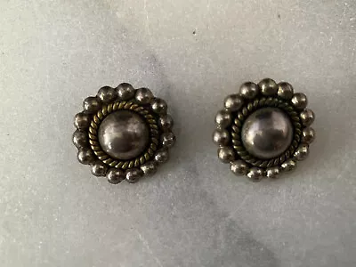 Laton Signed Mexico Sterling Silver Puffy Domed Mixed Metal Clip Earrings • $23.99