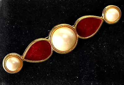Signed MONET Gold Tone Faux Pearl Red Enamel Vintage Brooch Jewelry Lot Z • $0.99