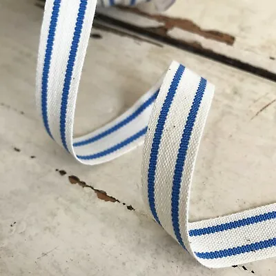 £2.45 • Buy Cotton Ribbon 15mm Vintage Royal Blue & Cream Ticking Stripe 1m To 20m Full Roll
