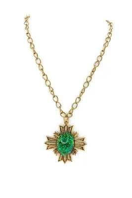 Vintage Necklace Gold Tone Maltese Cross Green Cabochon 28  • $35.99