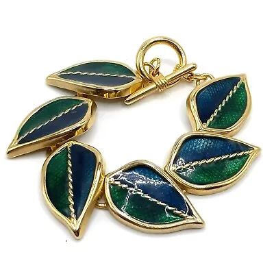 Vintage Gold Tone Blue Green Enamel Leaf Link Bracelet • $12.99