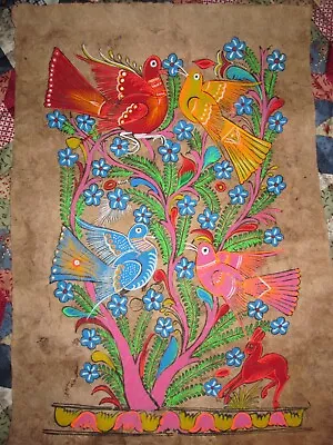 Vintage Mexican Folk Art Amate Bark Paintings Bright Colors Flowers Birds 4 • $29.95