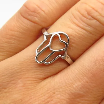 925 Sterling Silver Hamsa / Hand Of Fatima Open Heart Ring • £22.19