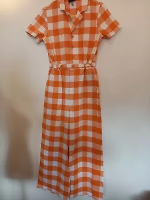 LAZY OAF UK 6 Orange White Check Boiler Suit Jumpsuit All In One Spring Summer • £24.50