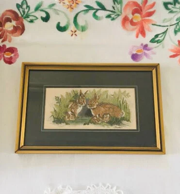 £15.99 • Buy J J Cash Of Coventry Woven Silk Picture Rabbit Hare Family Framed Silk Rabbit 