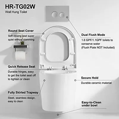 Elegant Glossy Ceramic Wall Mounted Toilet With Dual Flush 1.6 GPF And Soft Seat • $135.99