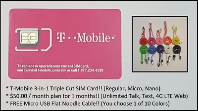 T-Mobile PrePaid SIM W/ 3 FREE Months ($50 Unltd.TalkText& Web)+FREE V8 USB! • $89.99