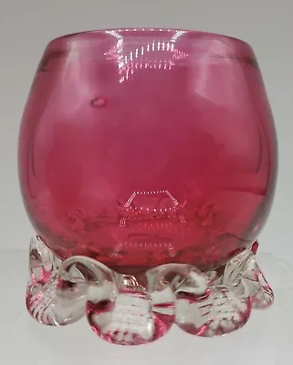 Pilgrim Cranberry Glass Bud Vase Applied Clear Scalloped Base 2.75” H • $9.50