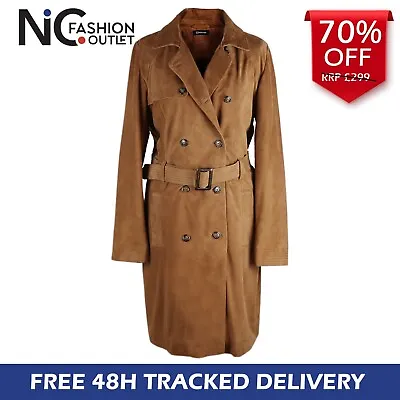 Women's Trench Coat Suede Real Leather Brown Size 14 16 Ladies Coat With Belt • £49.97