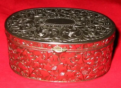 Lovely Vintage Oval Silver Plate Trinket Box Hinged Lid Red Velvet Lined Exc • $5.99