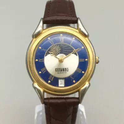 Vintage Gitano Moon Phase Watch Unisex 33mm Gold Tone Blue Dial Date New Battery • $35.99