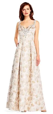 NWT Aidan Mattox Sweetheart Sleeveless Jacquard Beaded Ivory Gold Gown 4 S $495 • $179.25