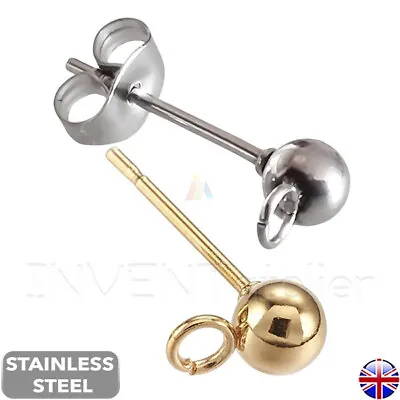 Stainless Steel Ear Stud Ball Post 4mm Loop Butterfly Back Earring Findings 514. • £3.59