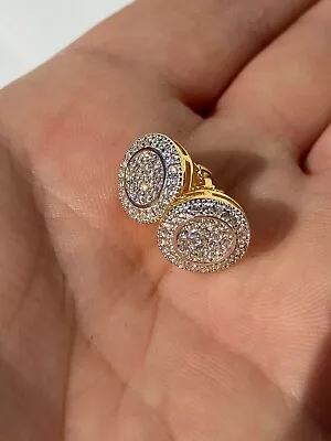 Real Moissanite 2Ct Round Cut Men's Cluster Stud Earrings 14K Yellow Gold Plated • $95.99