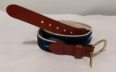 LEATHER MAN LTD Blue Men's Embroidered Belt SWORDFISH Sz 32 Fishing Handcrafted • $15.99