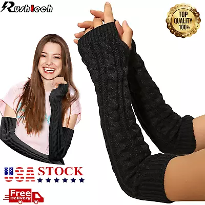 $10.78 • Buy Women Long Cable Knitted Gloves Lady Fingerless Thermal Arm Wrist Warmer Mittens