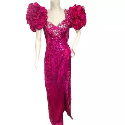 Alyce Designs Vintage 80’s Hot Pink Ruffle Sequin Dress Prom Pageant Size XS (4) • $145