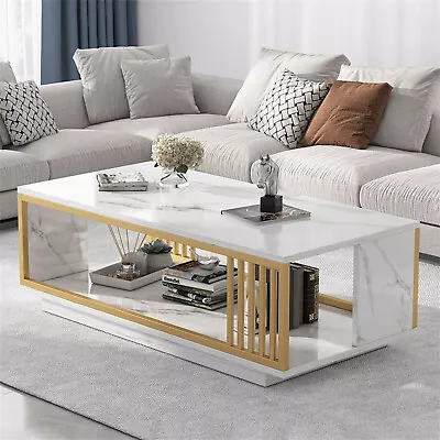 2 Tier Modern Faux Marble Coffee Table Wood Coffee Table With Gold Frame Table • $118.74