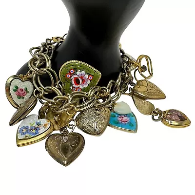 Vintage Gold Tone Multi Link Sweetheart Heart Lockets Charm Bracelet Handmade • $67.87